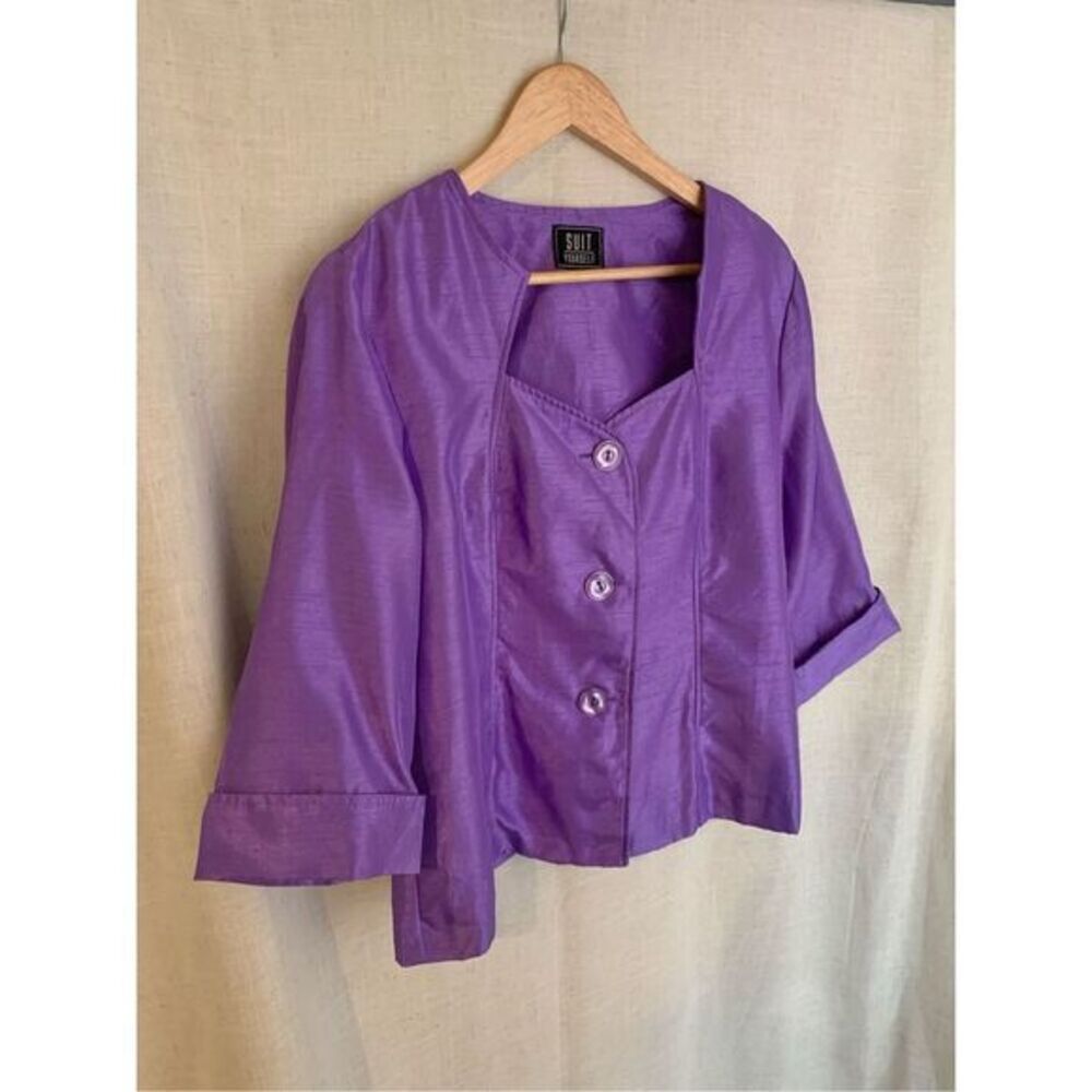 Purple Satin Button Blazer‎ Women's L Suit Yourself 3/4 Sleeve Dressy Y2K